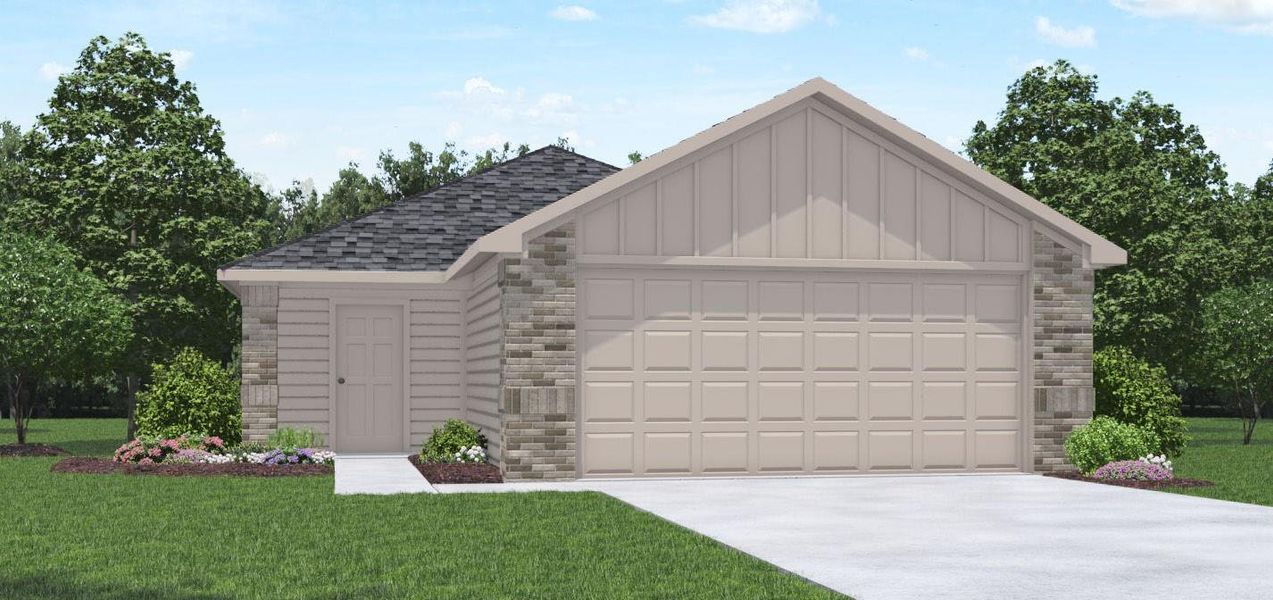 Front exterior of a new home in Silverthorne, Conroe, TX, highlighting curb appeal (Image 1).