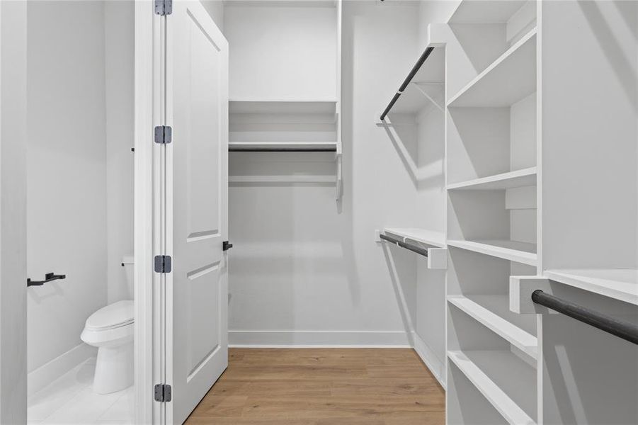 Walk-in closet featuring built-in shelving, hanging rods, light wood-finish flooring, and white painted walls Walk-in closet featuring built-in shelving, hanging rods, light wood-finish flooring, and white painted walls