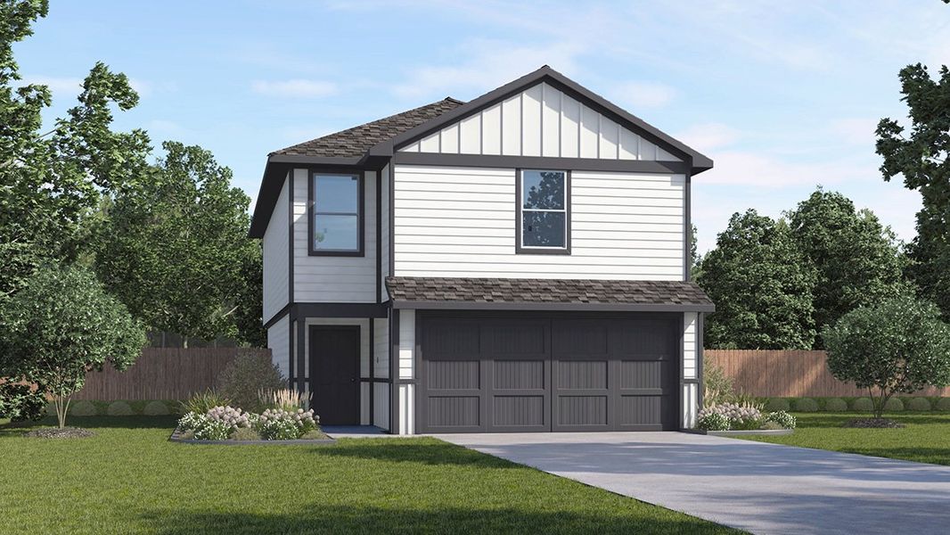 Front exterior of a new home in Blue Ridge Ranch, San Antonio, TX, highlighting curb appeal (Image 1). Front exterior of a new home in Blue Ridge Ranch, San Antonio, TX, highlighting curb appeal (Image 1).