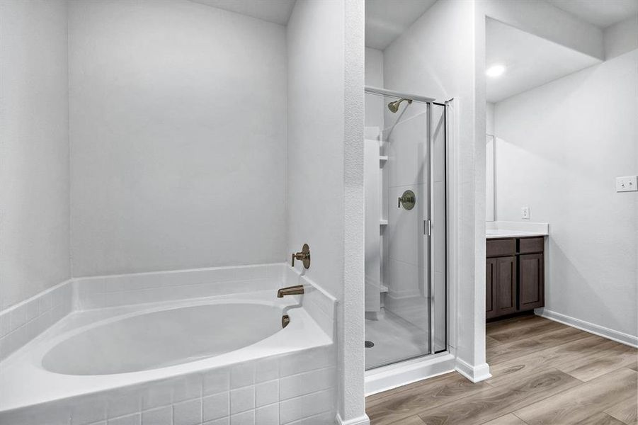 Bathroom featuring independent shower and bath, vanity, and wood-type flooring