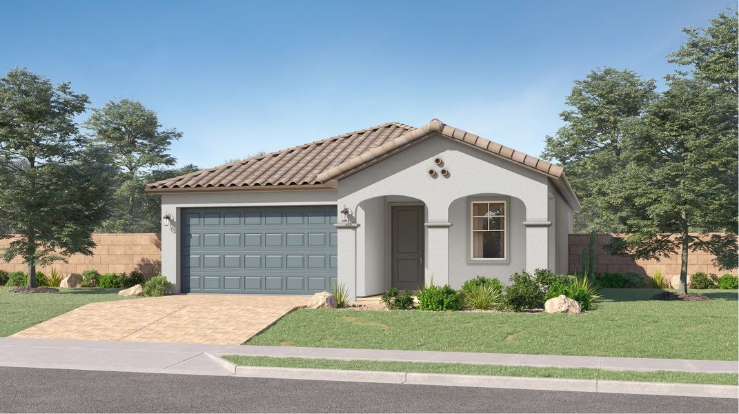 Front exterior of a new home in Montecito at Estrella, Goodyear, AZ, highlighting curb appeal (Image 1). Front exterior of a new home in Montecito at Estrella, Goodyear, AZ, highlighting curb appeal (Image 1).