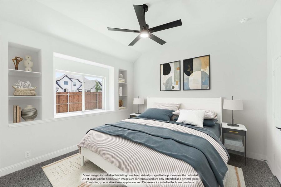 Bedroom with vaulted ceiling, ceiling fan, built-in shelves, and large window with natural light