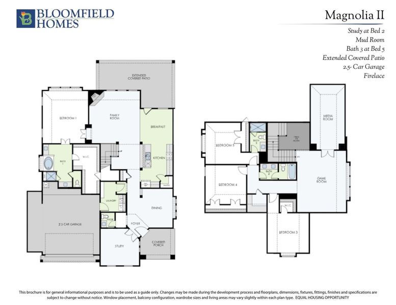 Bloomfield Homes Magnolia II two-story floor plan with 5 bedrooms, game room, and 2.5-car garage