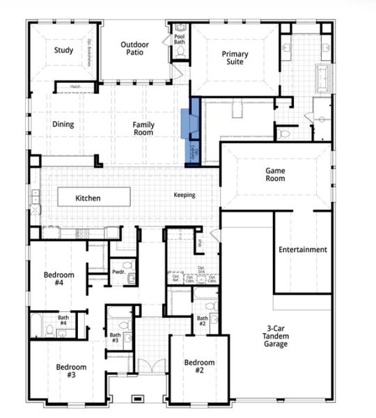 2D floor plan layout for the Treviso by Highland Homes in Furst Ranch, Flower Mound, TX (Image 3).