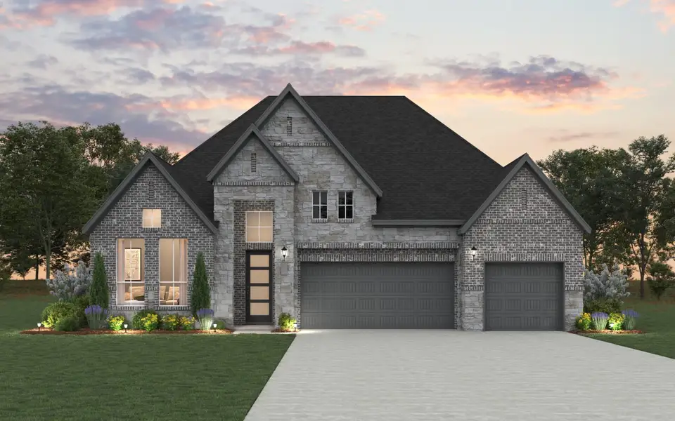 Front exterior of a new home in Lariat, Liberty Hill, TX, highlighting curb appeal (Image 1).