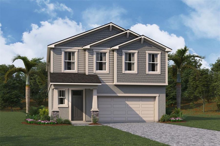 Front exterior of a new home in Crosswind Ranch, Parrish, FL, highlighting curb appeal (Image 1).