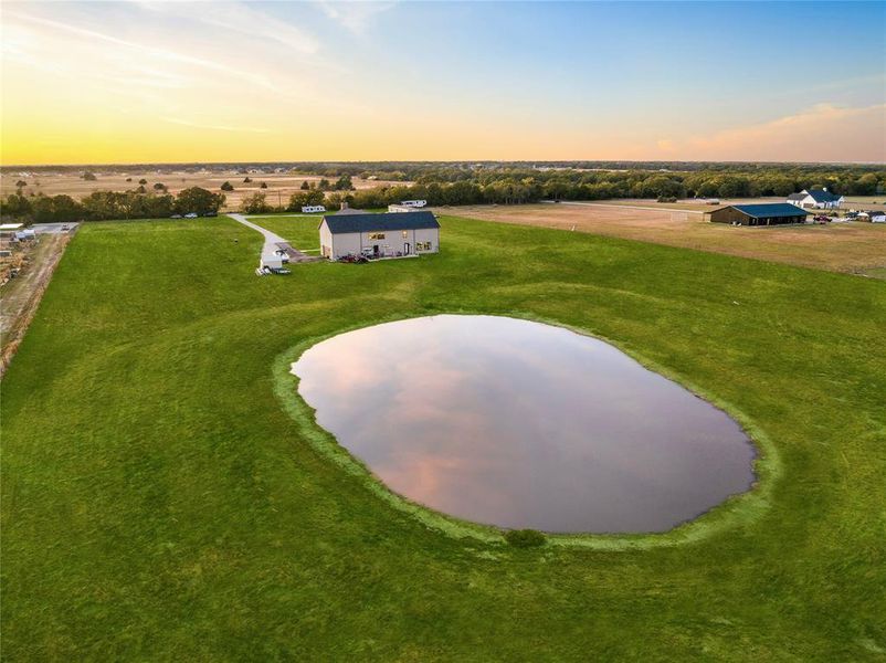 Aerial view at dusk of a rural view and a water view