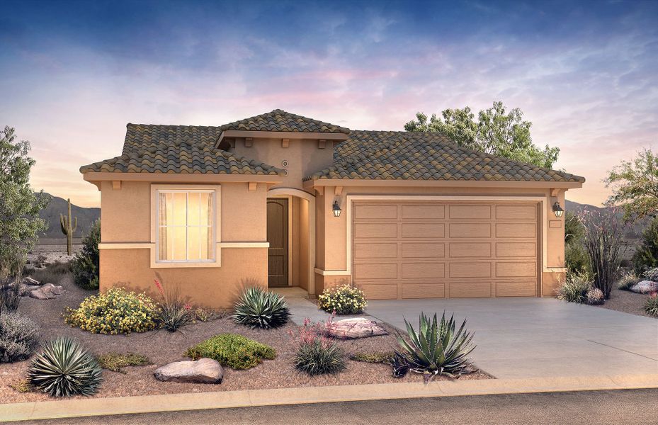 Front exterior of a new home in Sun City Festival, Buckeye, AZ, highlighting curb appeal (Image 1). Front exterior of a new home in Sun City Festival, Buckeye, AZ, highlighting curb appeal (Image 1).