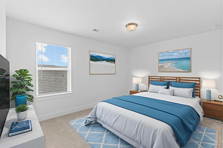 A third upstairs bedroom provides comfort and space with cozy carpeting and a window that invites natural light—perfect for a guest room, nursery, or hobby area. *Virtually Staged* **Image Representative of Plan Only and May Vary as Built**.