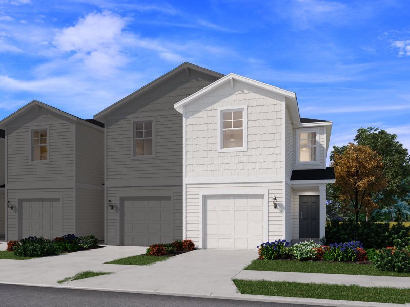 Front exterior of a new home in The District at Oakleaf - The Commons, Middleburg, FL, highlighting curb appeal (Image 2). Front exterior of a new home in The District at Oakleaf - The Commons, Middleburg, FL, highlighting curb appeal (Image 2).