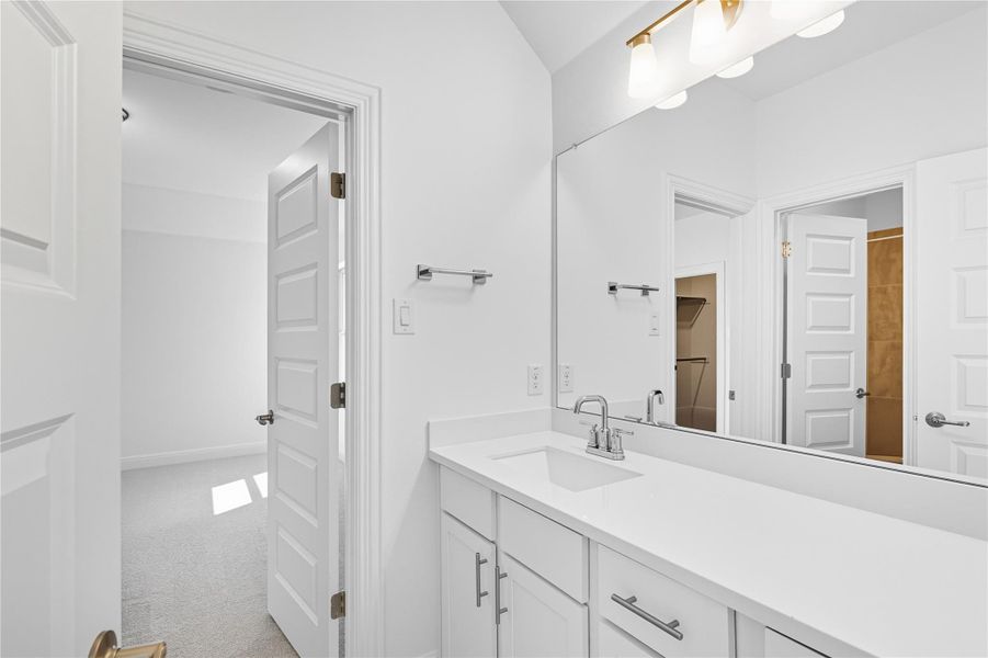 Bathroom featuring light carpet and vanity