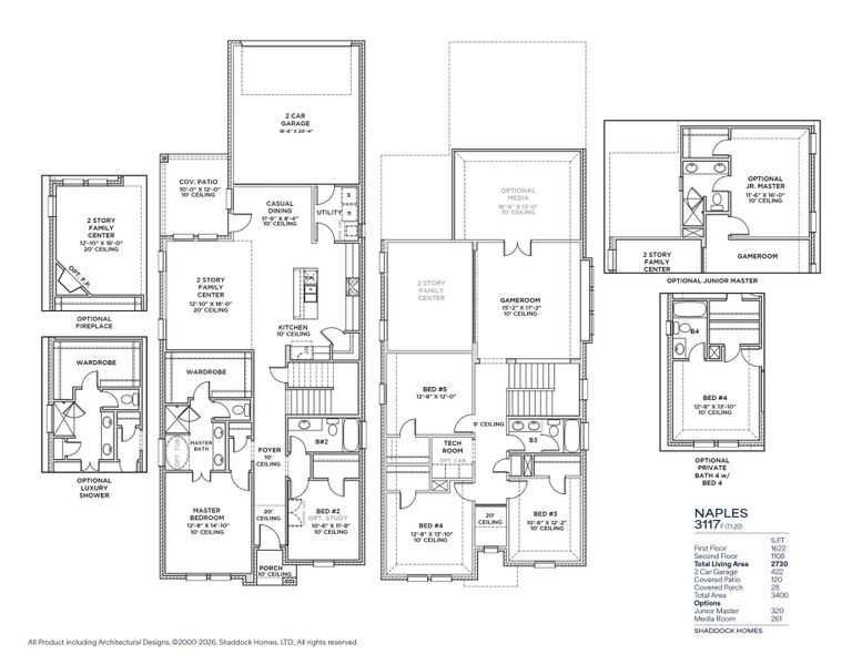 2D floor plan layout for the Naples - 3117F by Shaddock Homes in Fields - 40' Lots, Frisco, TX (Image 3).