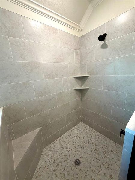 Bathroom featuring a tile shower and vaulted ceiling Bathroom featuring a tile shower and vaulted ceiling