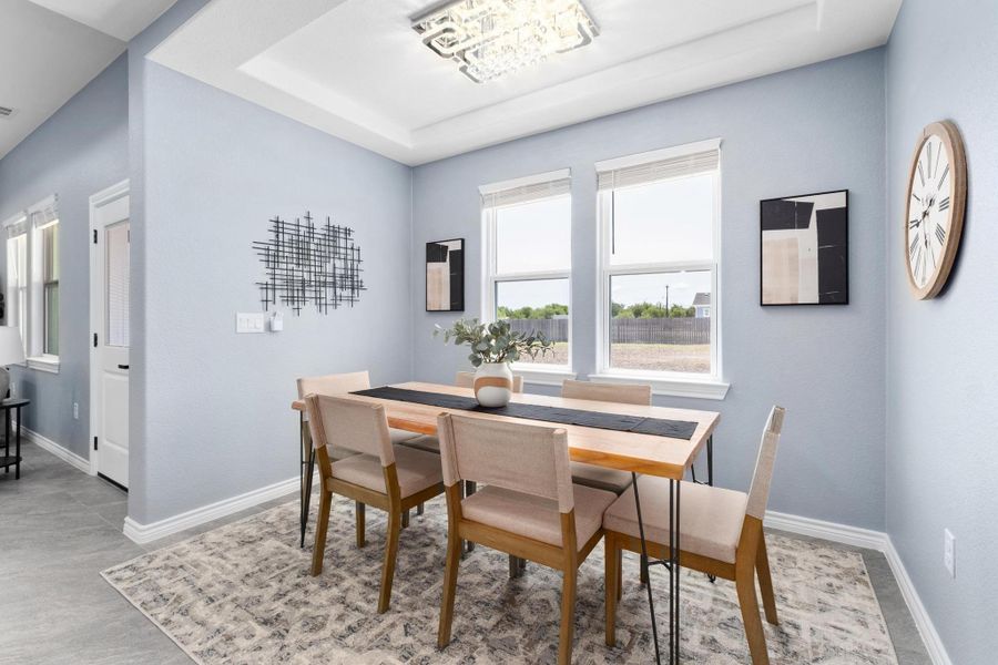 Dining space featuring baseboards and a tray ceiling Dining space featuring baseboards and a tray ceiling
