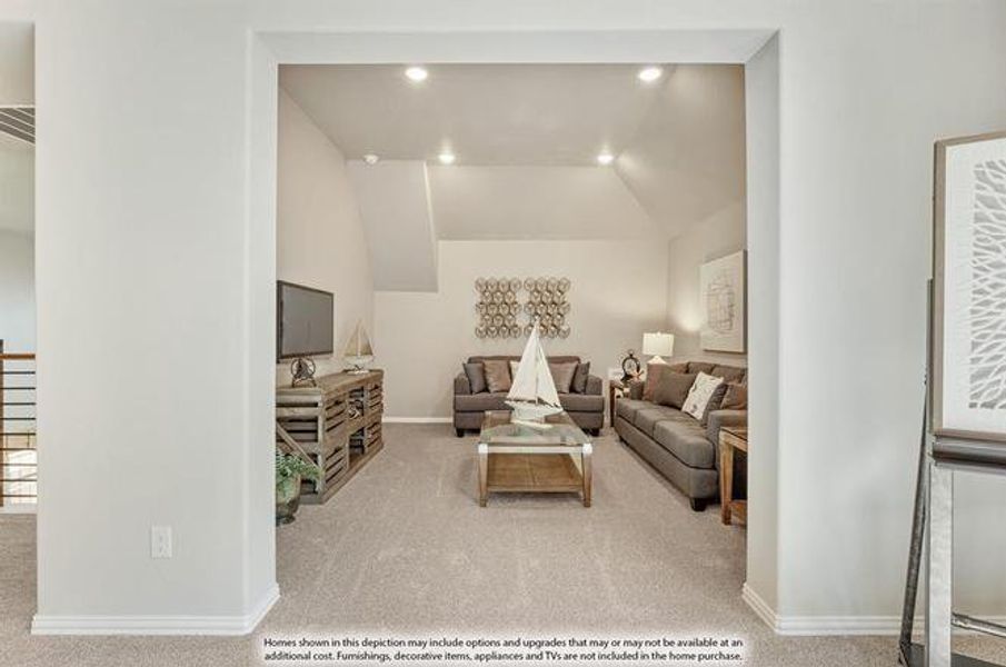 Living room featuring light colored carpet, lofted ceiling, and recessed lighting