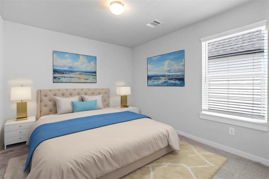 Secondary bedroom features plush carpet, custom paint, high ceilings, and large window with privacy blinds.