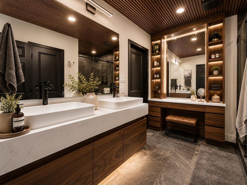 Modern design with a double vanity, vessel sinks, and sleek black fixtures. It includes a glass-enclosed shower, a wooden ceiling, and built-in shelving for storage. The space is well-lit and has a contemporary, stylish feel.