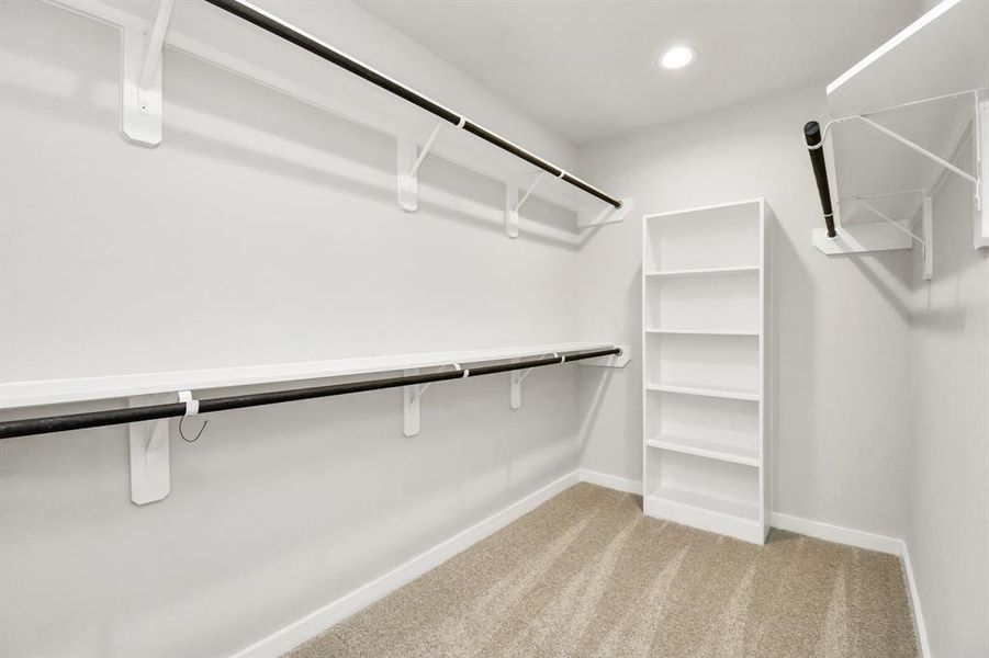 Expansive Walk-In Closet, adorned with high ceilings and luxurious carpet.