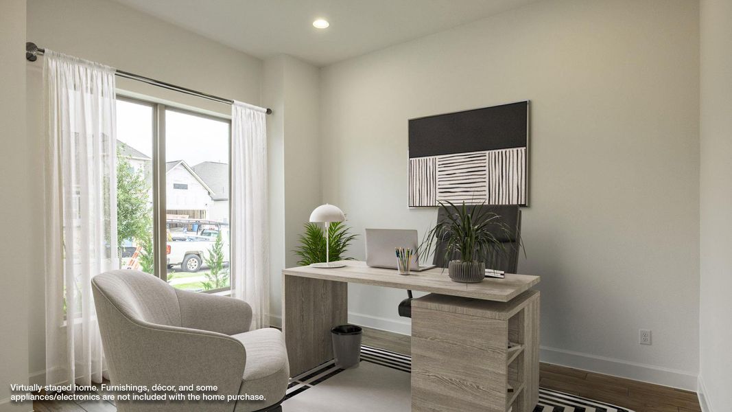 Office featuring baseboards, wood finished floors, and recessed lighting Office featuring baseboards, wood finished floors, and recessed lighting