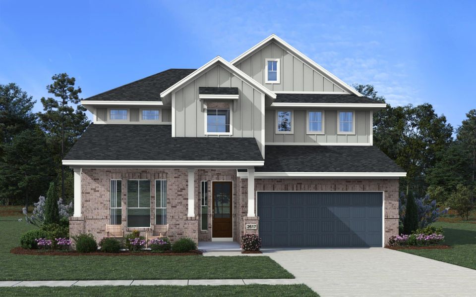 Front exterior of a new home in Elyson, Katy, TX, highlighting curb appeal (Image 19).