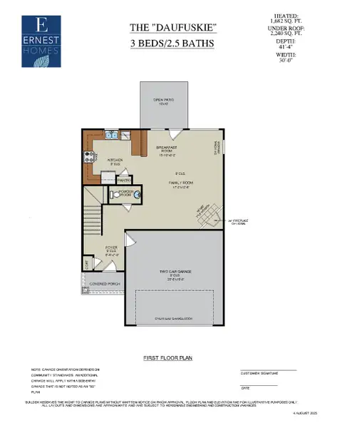2D floor plan layout for the Daufuskie by Ernest Homes in New Haven At Belmont Glen, Guyton, GA (Image 4).
