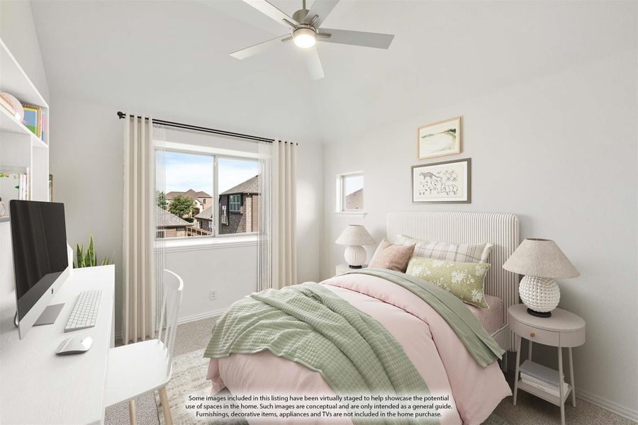 Bedroom with vaulted ceiling, ceiling fan, pink bedding, and a desk with computer near the window