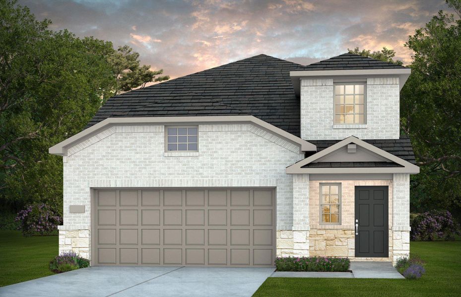 Front exterior of a new home in Mavera, Conroe, TX, highlighting curb appeal (Image 2). Front exterior of a new home in Mavera, Conroe, TX, highlighting curb appeal (Image 2).