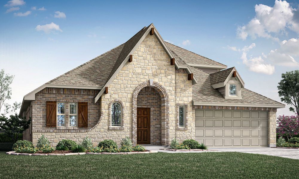 Single-story home with stone and brick exterior, arched entry, wood shutters, and two-car garage, Elevation C