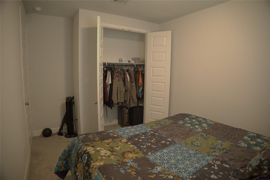 Bedroom with carpet flooring and a walk in closet Bedroom with carpet flooring and a walk in closet