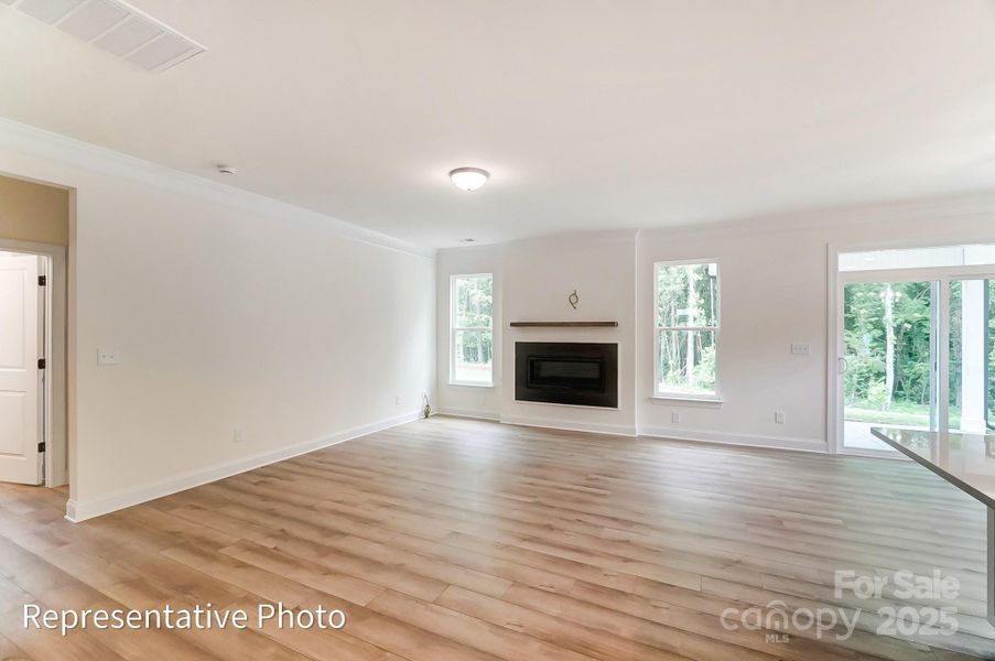 This home features a Cosmo Fireplace with shiplap wall and slate surround