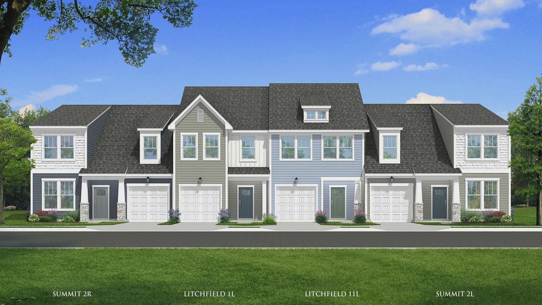 Rendering of a townhome building with pastel color siding, with craftsman style exteriors in the town of Lyman, SC