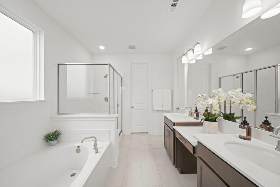 The spacious primary bathroom features dual sinks, a vanity and a walk-in closet.