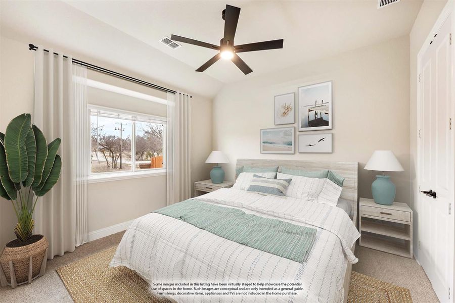 Bedroom with vaulted ceiling, ceiling fan, queen bed, and large window with natural light Bedroom with vaulted ceiling, ceiling fan, queen bed, and large window with natural light