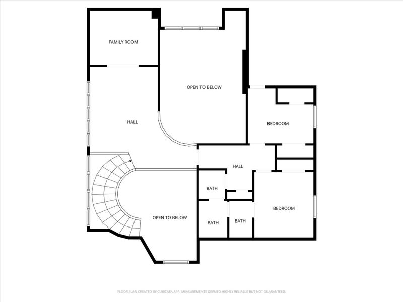 This floor plan features a spacious family room, two bedrooms, and three bathrooms. It includes two open areas overlooking the lower level, providing a sense of openness. The layout is connected by a central hall, offering a functional flow throughout the space.