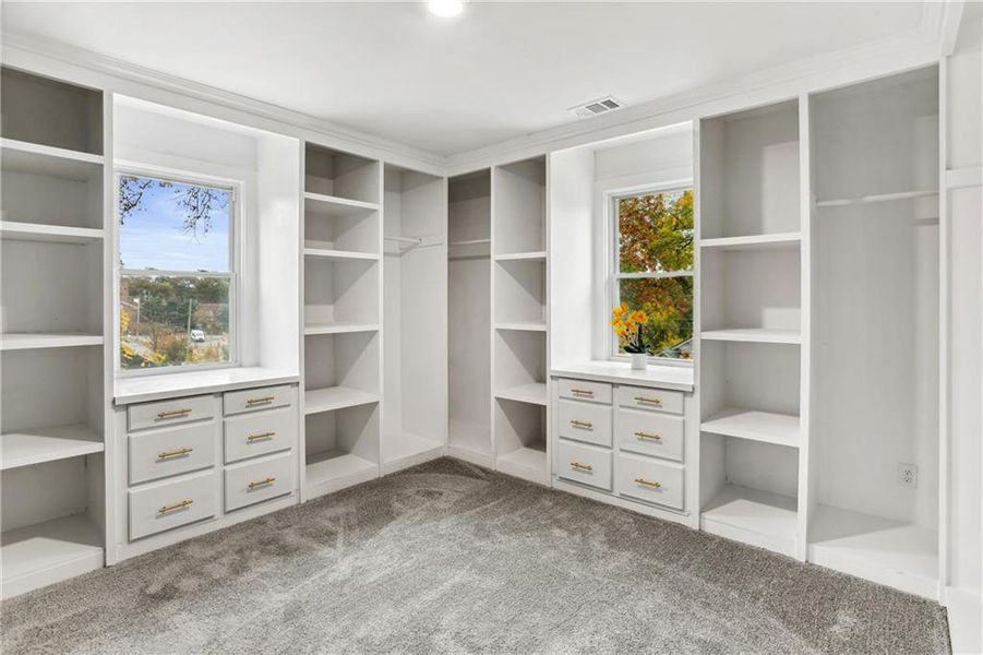 Owner suite Walk in closet with dark carpet