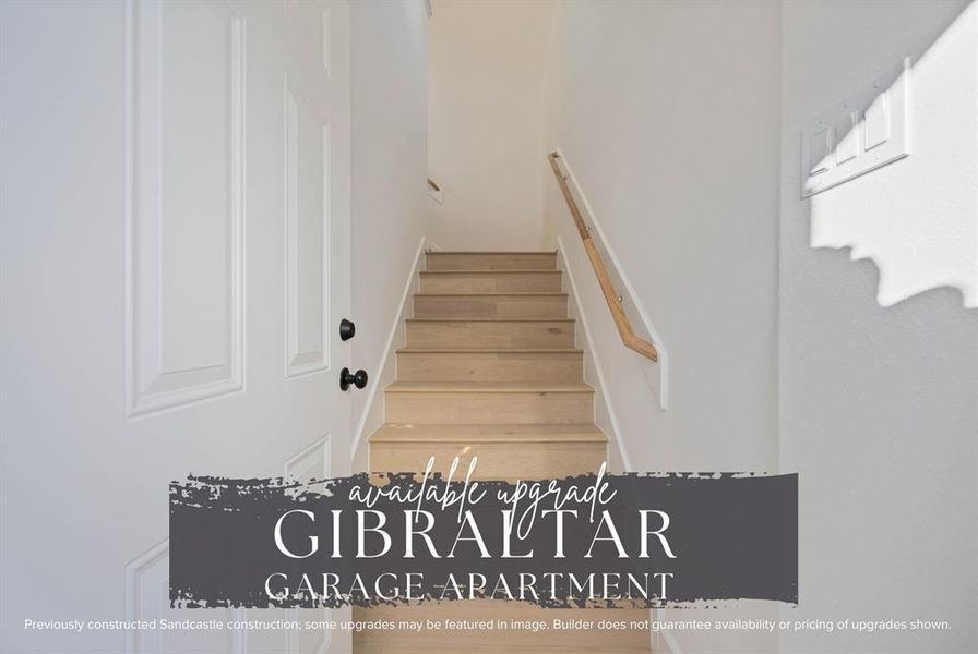 Preview the potential of a garage apartment with these elegant stairs leading to a versatile living space above. Note: previously construction from Sandcastle Homes; some upgrades may be featured in image. Builder does not guarantee availability or pricing of upgrades shown.