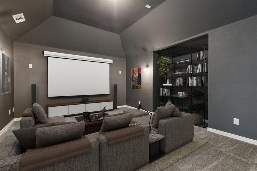 Carpeted cinema room with baseboards and vaulted ceiling Carpeted cinema room with baseboards and vaulted ceiling