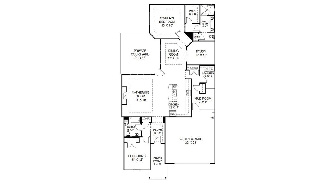 2D floor plan layout for the Portico II by Cook Bros. Homes in The Grove At Haven Hill, Lenoir City, TN (Image 4).