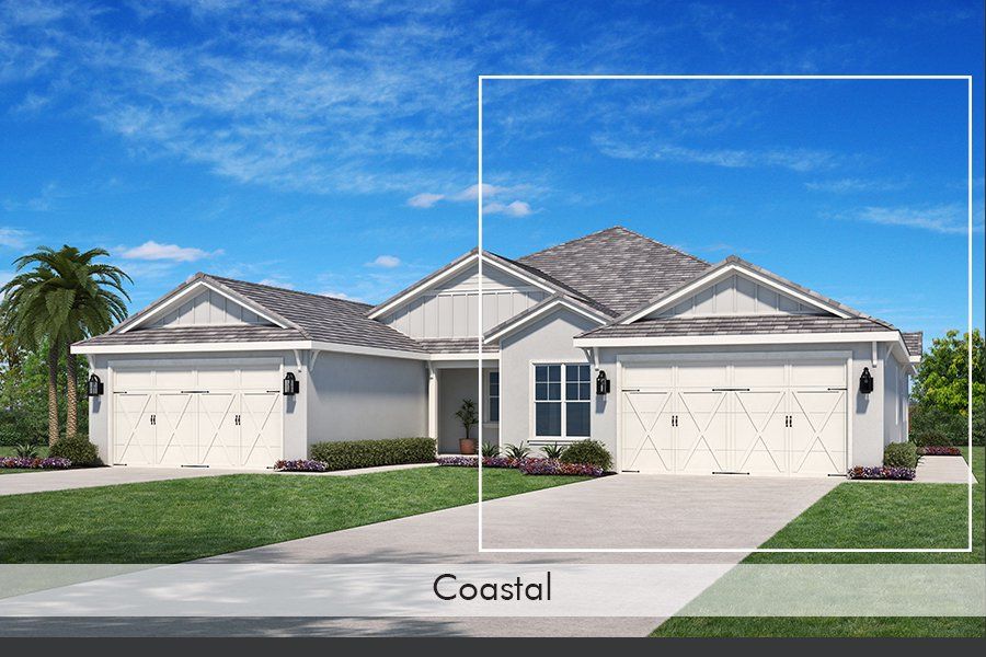 Representative exterior photo of a completed home built from the Banyan by Homes by Towne in Shellstone at Waterside, Sarasota, FL (Image 2). Representative exterior photo of a completed home built from the Banyan by Homes by Towne in Shellstone at Waterside, Sarasota, FL (Image 2).