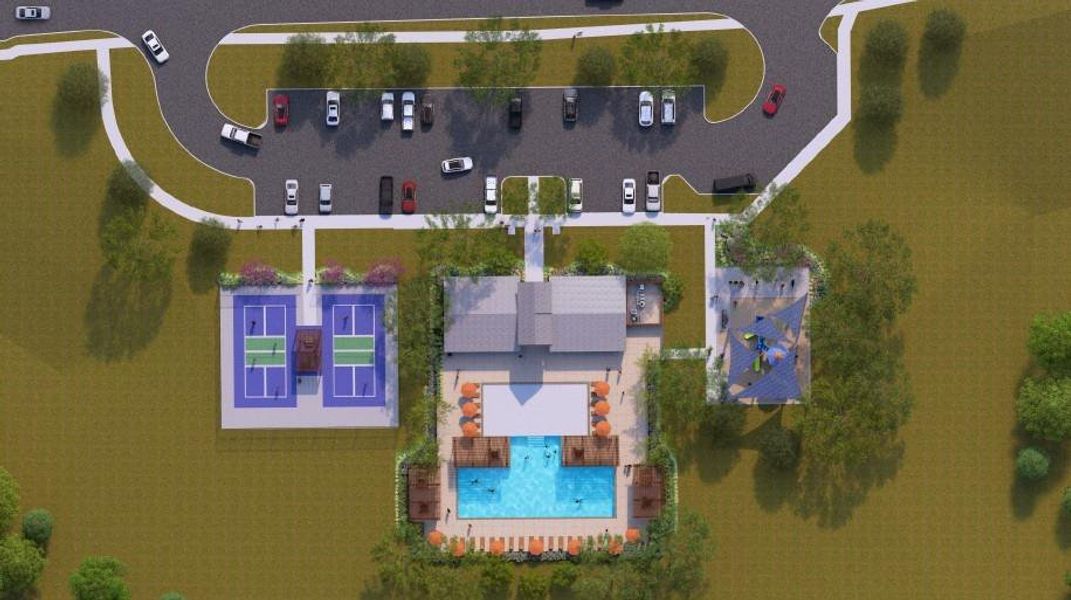 Community amenities featuring a clubhouse, two pickleball courts, a swimming pool with lounge areas, and a dedicated play area