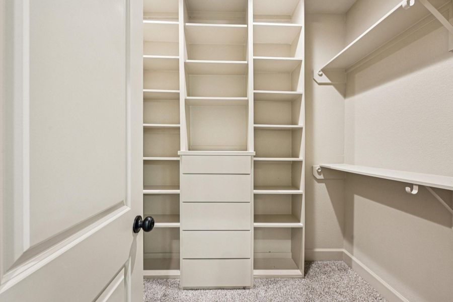 Walk-in closet with ample shelving, built-in drawers, and hanging space, perfect for organized storage.