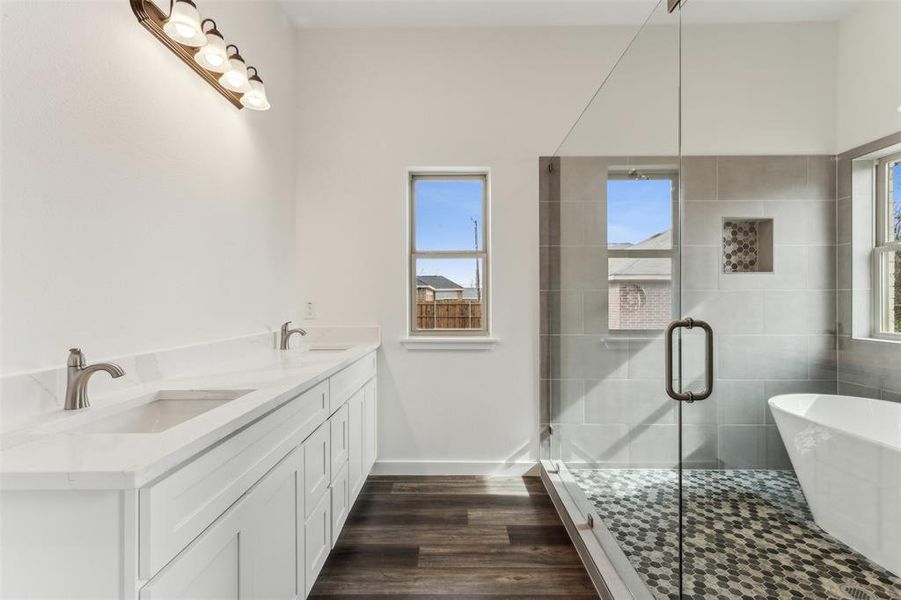 Bathroom featuring vanity, hardwood / wood-style flooring, and plus walk in shower