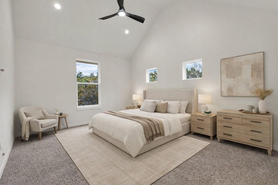 Bedroom with high vaulted ceiling, a ceiling fan, carpet, and recessed lighting