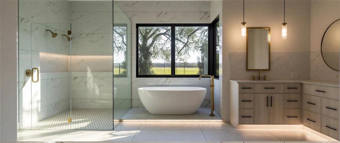 Full bath featuring vanity, a freestanding bath, a marble finish shower, tile walls, and light tile patterned floors