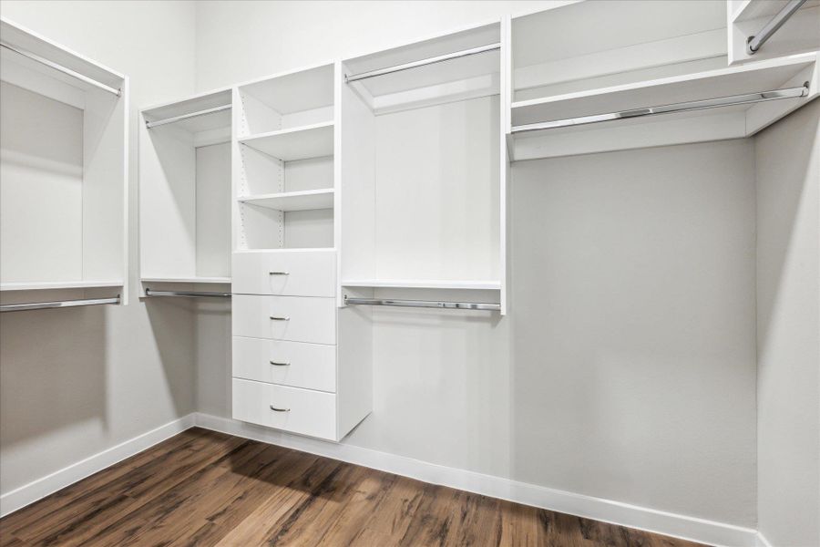 Customizable closet shelving provides ample organization and storage. Customizable closet shelving provides ample organization and storage.