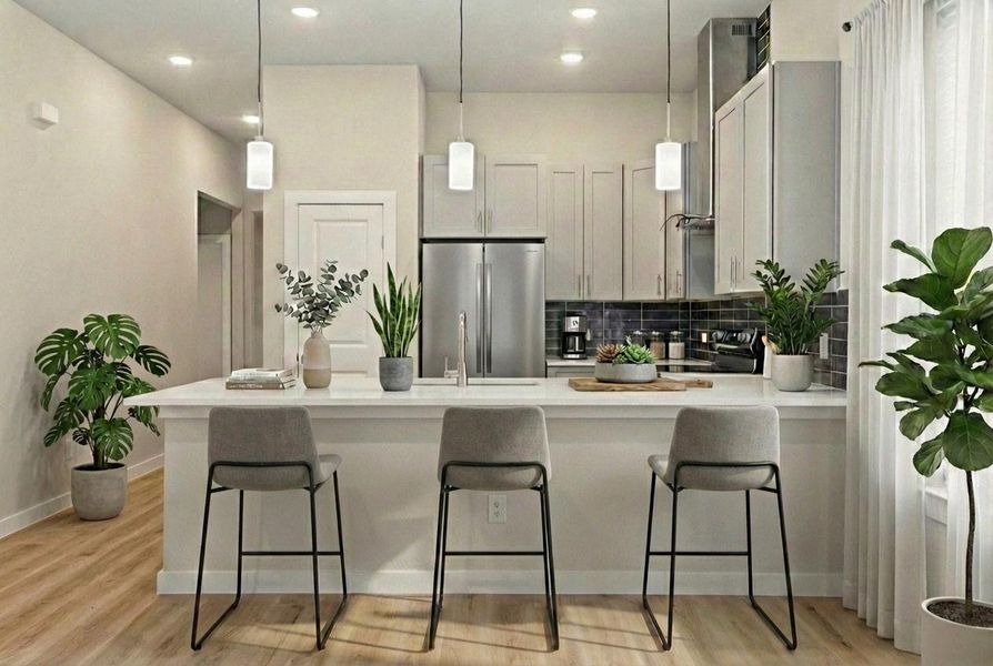Another view of gorgeous kitchen, cozy and with plenty of space. Virtually staged.
