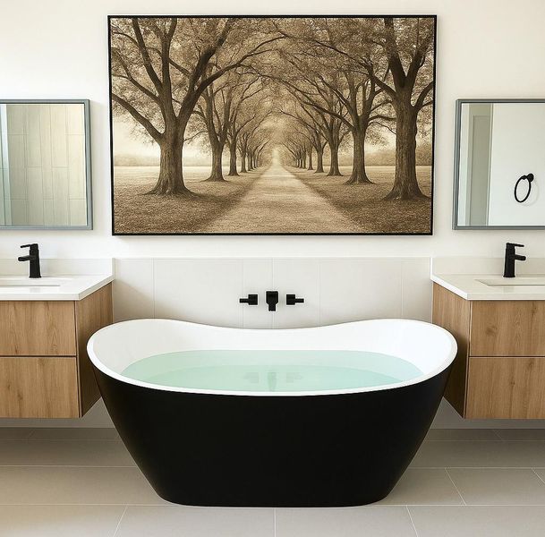 Primary bathroom with free standing tub and floating vanities (art is virtual) Primary bathroom with free standing tub and floating vanities (art is virtual)