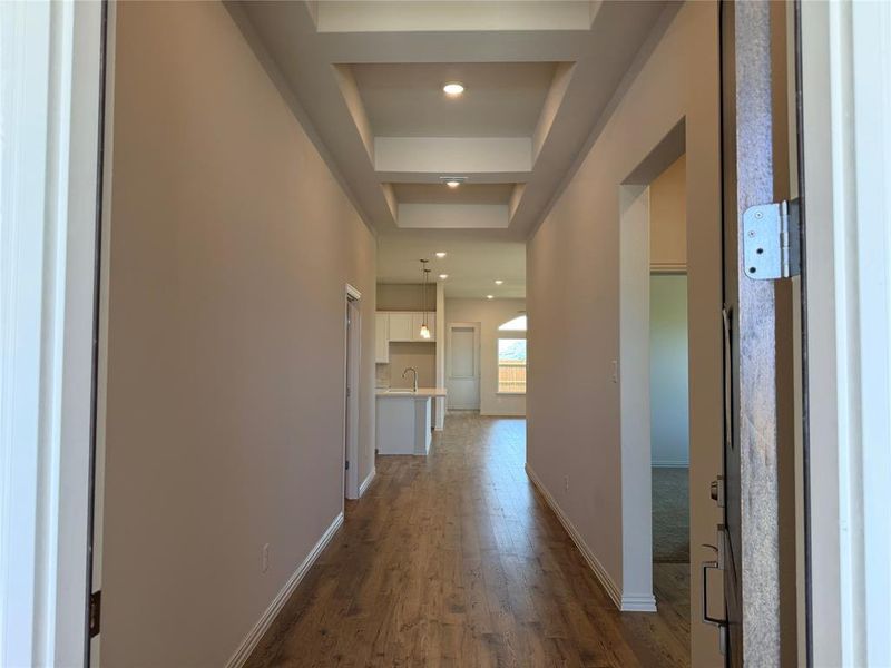 Welcoming entryway featuring a tray ceiling with recessed lighting, wood-finish flooring, and light-toned wall paint