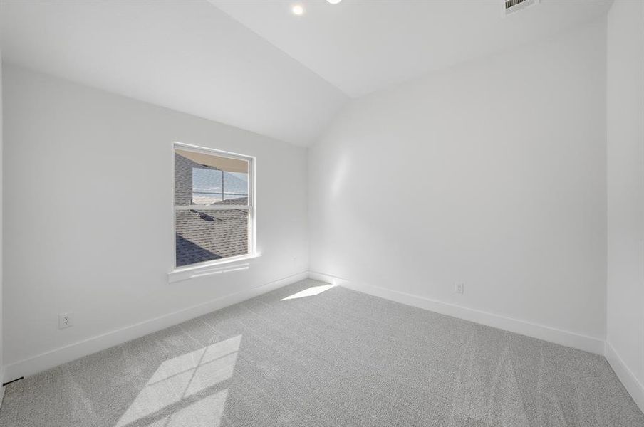 Carpeted spare room with vaulted ceiling and baseboards Carpeted spare room with vaulted ceiling and baseboards