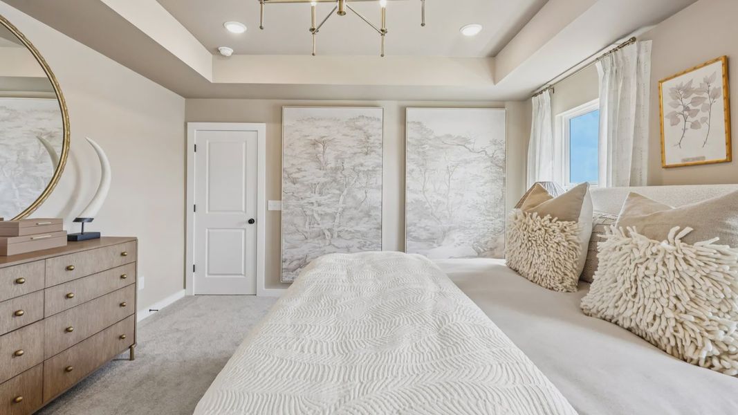 Primary suite with tray ceiling, windows, and carpet